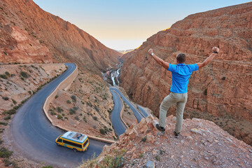 Young tourist looking at the dades gorge road. is a gorge of the Dades River in the Atlas Mountains...