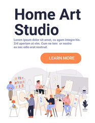 Home art studio creative painting group people drawing canvases cozy interior modern workspace bright colors website banner