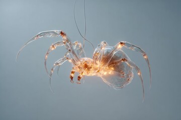 surreal glowing spider made of crystal, suspended in clean minimal background