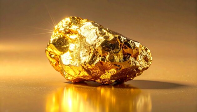 Irregularly shaped shiny gold nugget with rough texture and starburst highlight on reflective surface