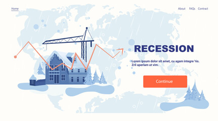 Recession economic crisis graph falling construction crane house winter background world map website banner