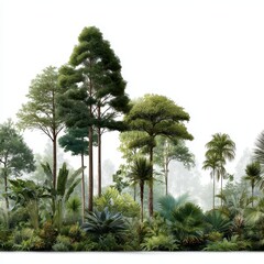 A tropical rainforest with towering trees and exotic plants isoleted on white background.