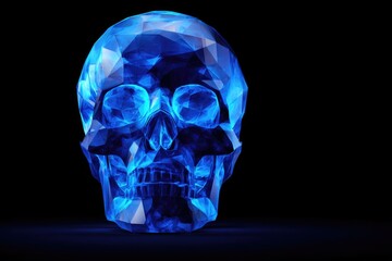 polygonal chrome skull glowing neon blue, surreal sci-fi Halloween design 