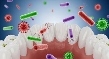 Microscopic bacteria and viruses attacking human teeth causing decay.