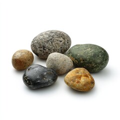 A cluster of six smooth, multicolored river rocks of varying sizes and shades of gray, green, yellow, and black, isolated on a white background