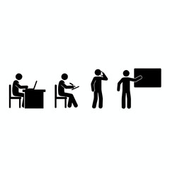Stick figure pictogram icon set showing a person working on a laptop, writing, thinking, and presenting. A versatile business and education process concept