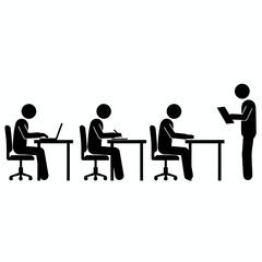A set of stick figure pictograms showing a classroom or training seminar with a teacher and students learning at their desks