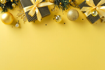 Festive holiday flat lay on yellow background with black and gold striped gifts, golden ribbons, gold baubles, glitter star, snowflake, evergreen sprigs, black confetti, perfect for seasonal designs.