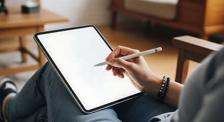 Close-up of a person using a digital tablet with a stylus for creative work and design activities