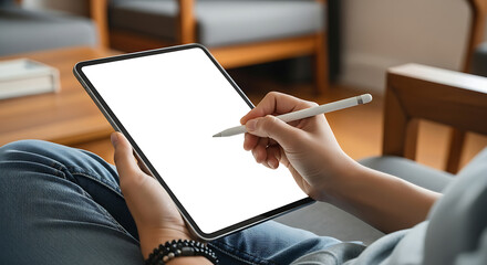 Close-up of a person drawing on a digital tablet with a stylus, blank screen for mockup
