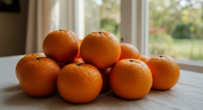 A pile of vibrant oranges sits on a textured tablecloth near a window