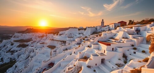 Sunset casts golden light on Pamukkale's white cotton castle, travertine terraces, and houses,  high angle,  panoramic