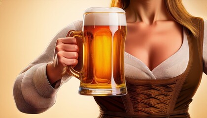 picture of a big glass of beer hold by a woman's hand, for octoberfest