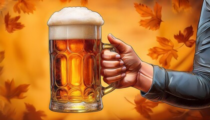 illustration of a big glass of beer hold by a strong hand, for octoberfest