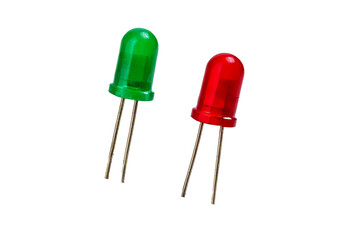 Two green and red LEDs on a breadboard for electronic experiments isolated on transparent or white background