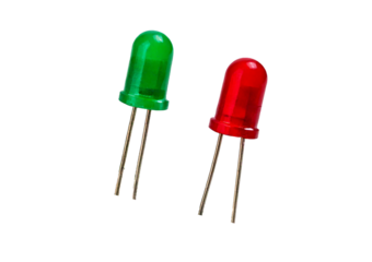 Two green and red LEDs on a breadboard for electronic experiments isolated on transparent or white background