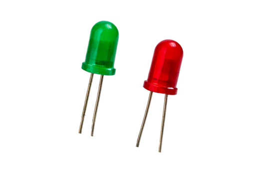 Two green and red LEDs on a breadboard for electronic experiments isolated on transparent or white background