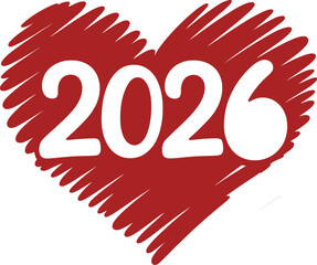 Year 2026 embraced by a hand-drawn red heart, symbolizing love and future aspirations.