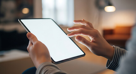 Close-up of a person's hands using a modern digital tablet with a blank white screen indoors
