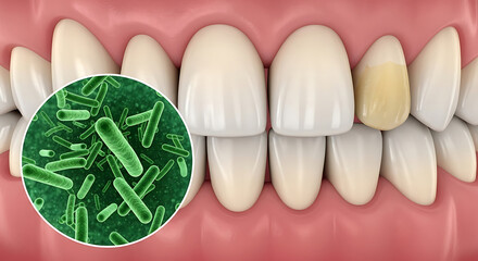 Close-up of Human Teeth and Bacteria, Highlighting Dental Health and Oral Hygiene