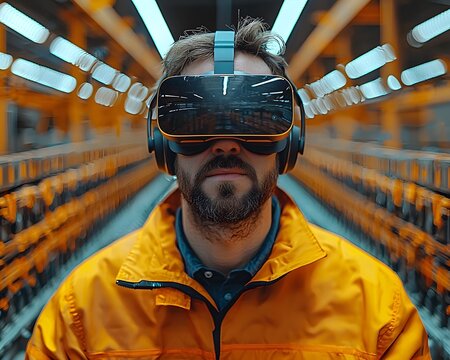 A man wearing a VR headset in an industrial setting symbolizing technological advancement