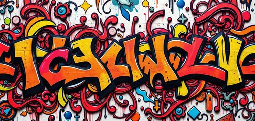 Fototapeta premium Intricate, flowing graffiti design forming a cohesive, repeating pattern, vibrant, splatter