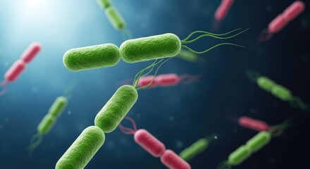 Microscopic View of Bacteria with Flagella in Green and Pink.