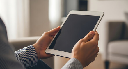 Person holding a tablet device with a blank screen in a softly lit room