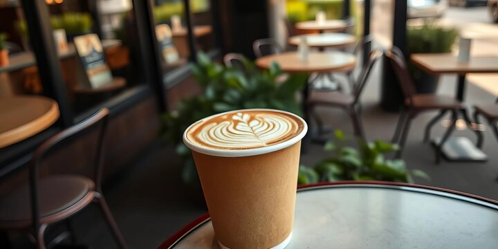 Intricate latte art foam design in a paper cup sits on a cafe table outdoors,  image,  city