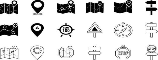 Fototapeta premium Navigation and road trip vector icon set. Solid and outline icons of maps, location pins, compasses, and road signs. Clean and minimalist illustration style.