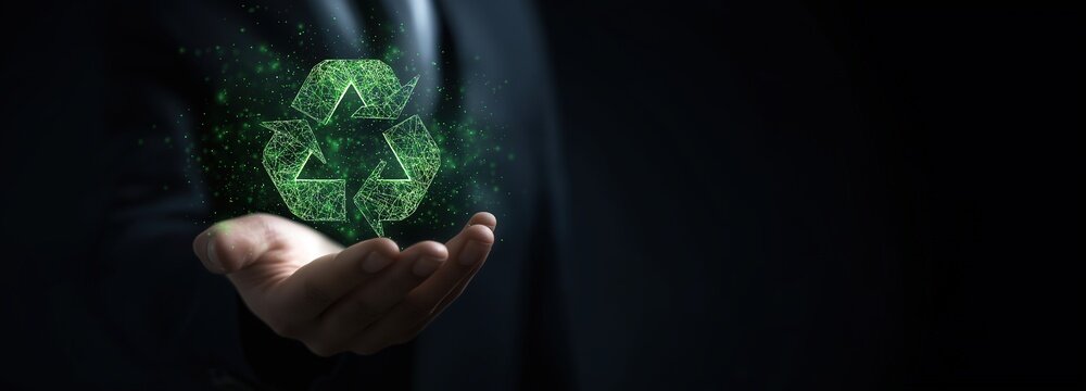 Regenerative Design and Circular Economy, faceless professional cradling a glowing recycling symbol woven from green energy particles, luxury style.

