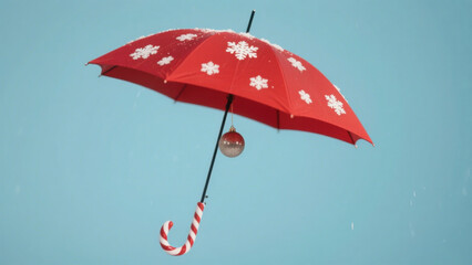 Red Umbrella with White Patterns and Candy Cane Handle Flying in Blue Sky - Bright and Playful Visual Composition