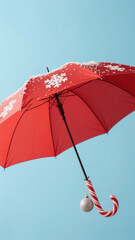 Red Umbrella with White Patterns and Candy Cane Handle Flying in Blue Sky - Bright and Playful Visual Composition