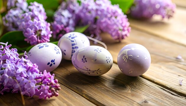 Easter eggs and lilacs on a rustic wooden table (1)