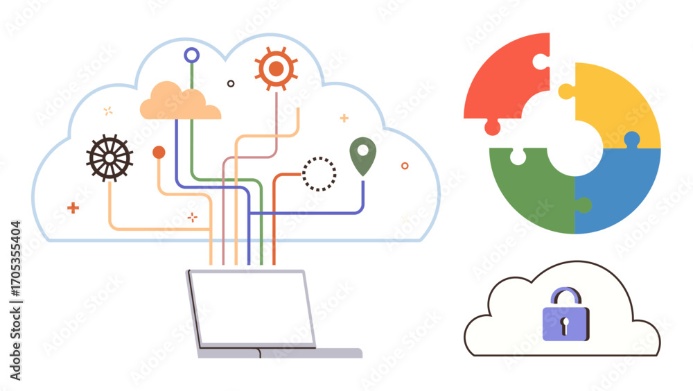 Aufkleber laptop connects to cloud with data lines, gears, and map marker. includes secure lock and puzzle dia