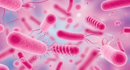 Microscopic view of pink rod-shaped bacteria with flagella in a vibrant pink and purple background.