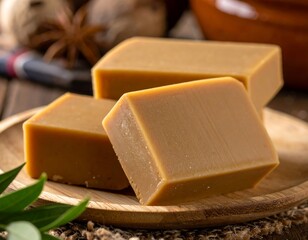 Close-up of three bars of light brown soap on a wooden plate