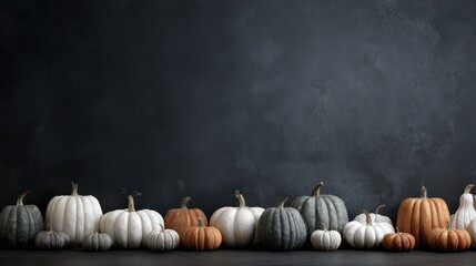 Rustic autumn display of white, orange, and grey pumpkins on a dark textured background.