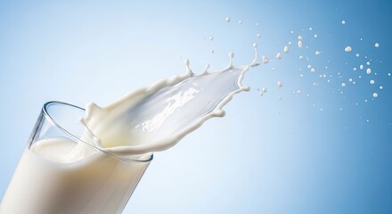 Milk Splash in a Glass with Droplets on Blue Background.