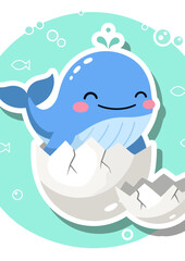 Naklejka premium Cartoon Whale Hatching from Egg in Cute Illustration