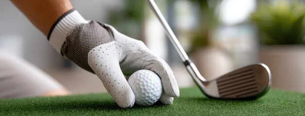 Golf player prepares to make a shot on a putting green with a golf club and ball during a sunny afternoon indoor session