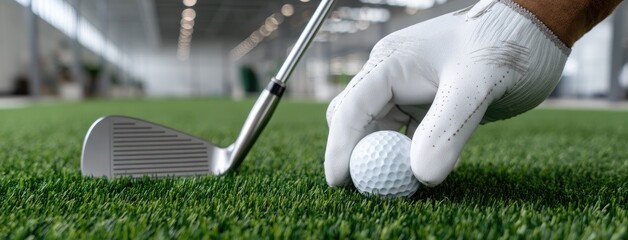 Golf enthusiast prepares to strike a ball on artificial turf in an indoor training facility during a focused practice session