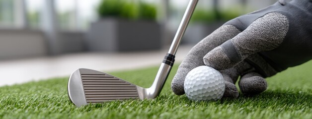 Golfer preparing to swing an iron club at indoor setting with artificial grass and modern decor during training session