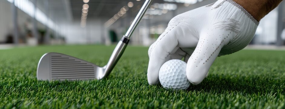 Golf enthusiast prepares to strike a ball on artificial turf in an indoor training facility during a focused practice session
