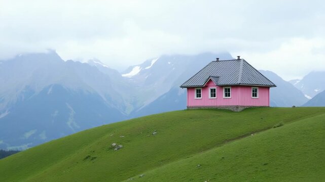 A pink house on a green hillside with mountains in the background