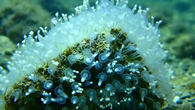 Close-up of Clavelina lepadiformis, also known as stalked sea squirt, on a rock underwater, marine life.