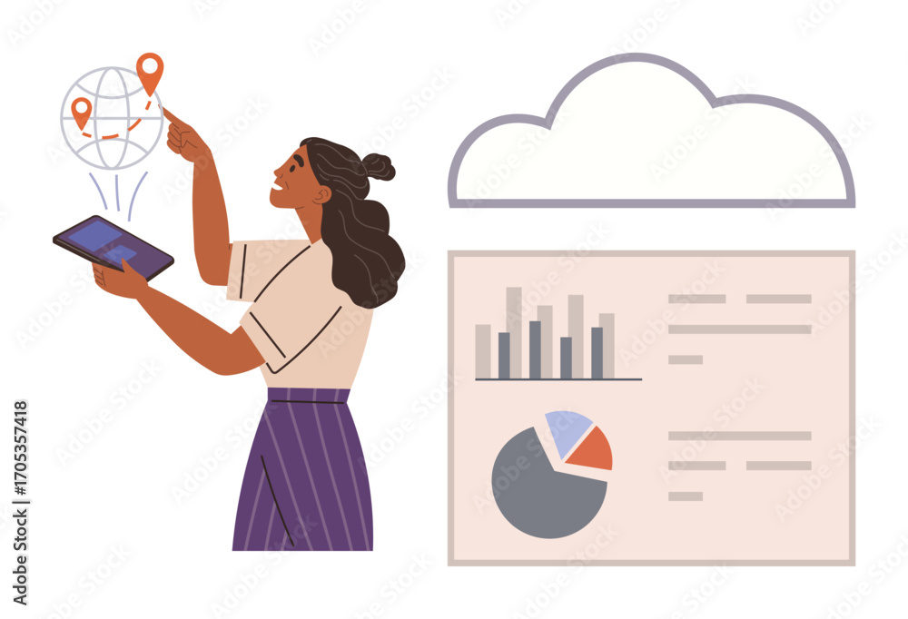 Aufkleber woman using tablet to analyze global data with map and location markers, bar and pie charts under cl
