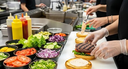 Food preparation of hamburger with beef patty lettuce and cheese