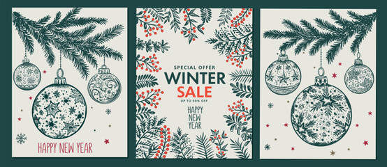 Christmas sale with toy, tree, Hand drawn illustration