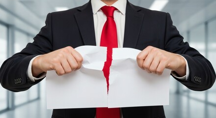 Tearing Contract Businessman ripping paper apart in frustration office.
